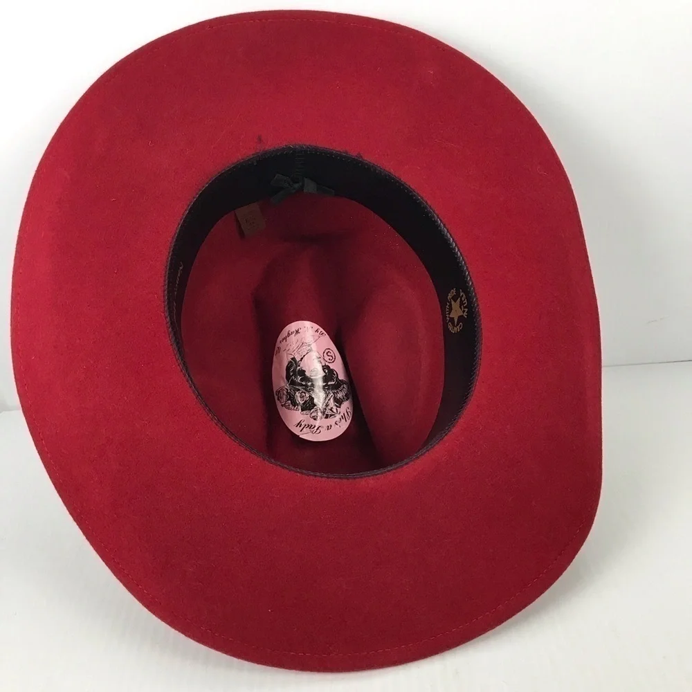 Nancy Hughes Hat She’s A Lady Western Red Wool Felt Velveteen Band & Bow  6.3/4